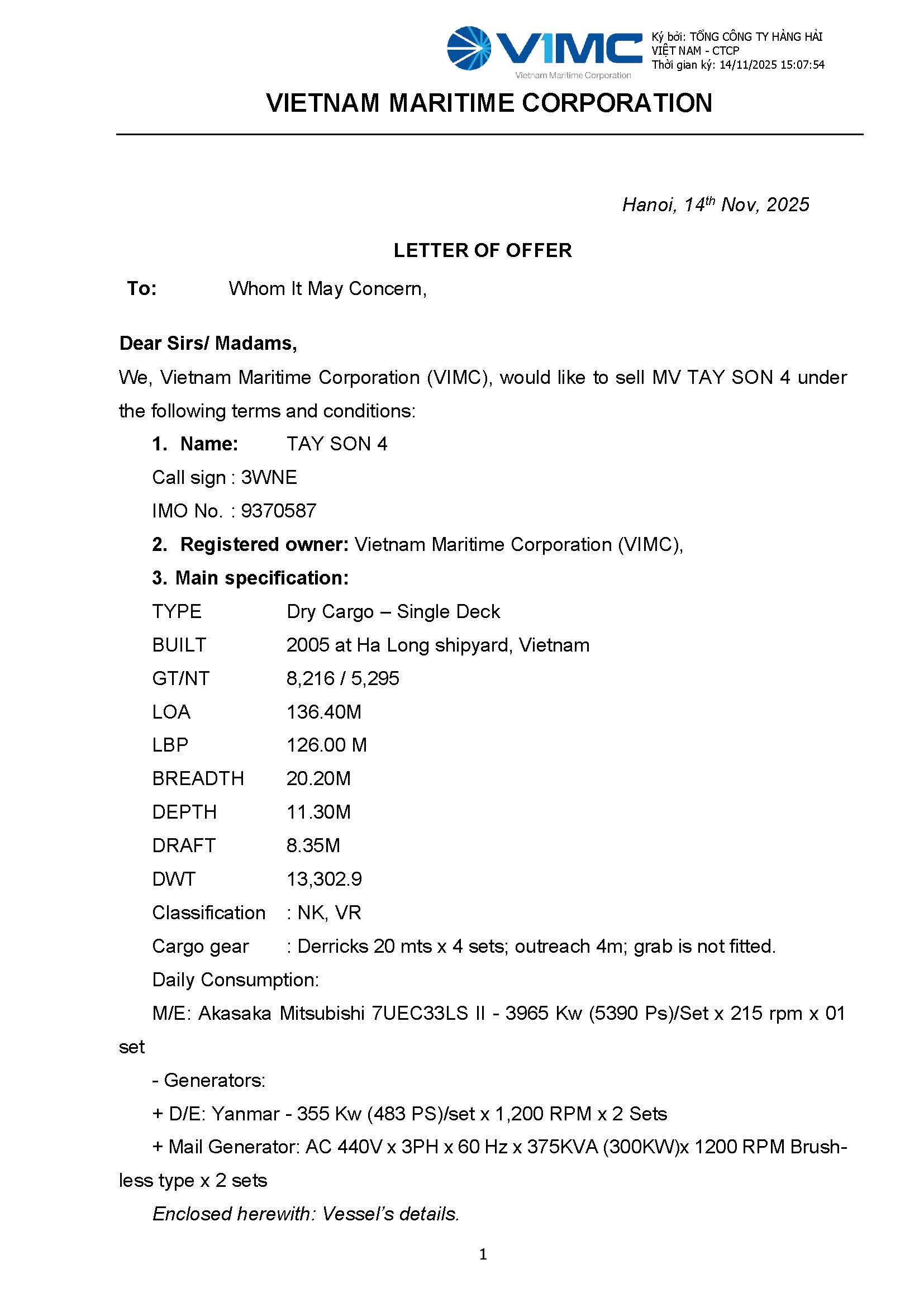 Letter Of Offer (MV TAY SON 4)